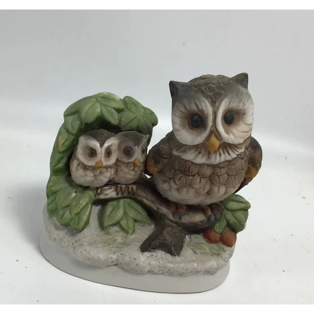Homco Owl Family On Branch , Porcelain Figure Ceramic 4x4‎ Inches